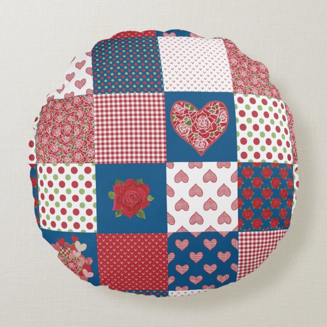 Chic Hearts and Rose Imitate Patchwork Rundkissen Rundes Kissen (Vorderseite)