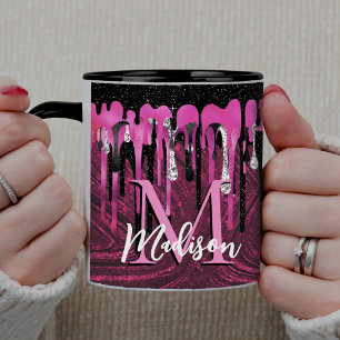 Chic heißrosa schwarze Glittertropfen Monogramm Tasse