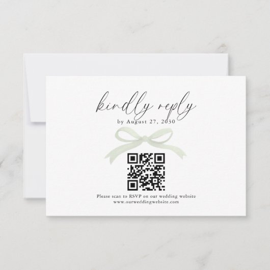 Chic Hellgrünes Bogenband QR-Code Hochzeit RSVP Karte (Vorderseite)