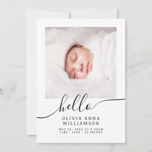 Chic Hello Script Elegant Foto Baby Ankündigung (Vorderseite)