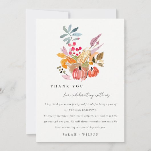 Chic Herbst Harvest Pumpkin Wasserfarbenhochzeit Dankeskarte (Vorderseite)