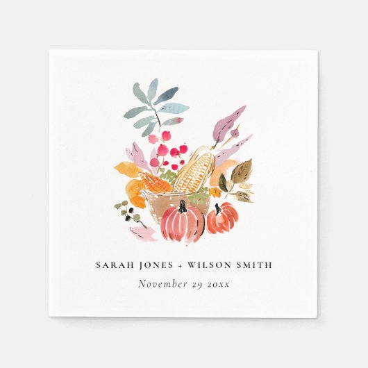Chic Herbst Harvest Pumpkin Wasserfarbenhochzeit Serviette (Vorderseite)