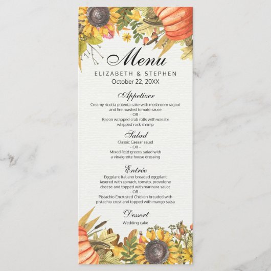 Chic Herbst Maple Blätter Pumpkin Wedding Menü Menükarte (Vorderseite)