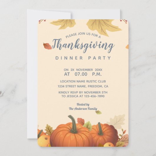 Chic Herbst Pumpkin Herbstlaub Dinner Trendy Einladung (Vorderseite)