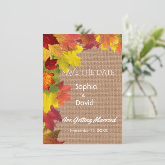 Chic Herbstlaubs Burlap Wedding SPAREN DAS DATUM Save The Date (Stehend Vorderseite)