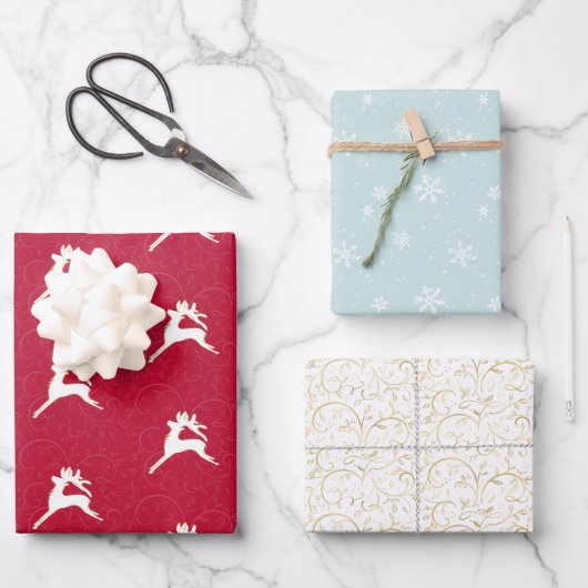 Chic Holiday Red Blue und Gold Wrapping Sheets Geschenkpapier Set (Vorderseite)