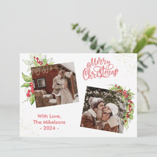 Chic Holly Berries Frohe Weihnachten 2 Foto Holida (Stehend Vorderseite)