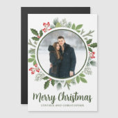 Chic Holly Christmas Wreath Foto Magnet Card (Vorne/Hinten)