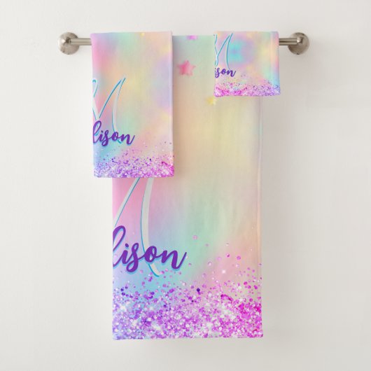 Chic holografisches Einhorn-Tropf-Glitzer-Monogram Badhandtuch Set (Insitu)