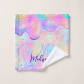 Chic holografisches Einhorn-Tropf-Glitzer-Monogram Badhandtuch Set (Waschlappen)