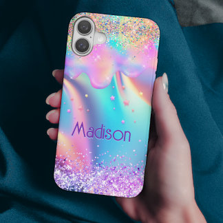 Chic holografisches Einhorn-Tropf-Glitzer-Monogram iPhone 16 Hülle