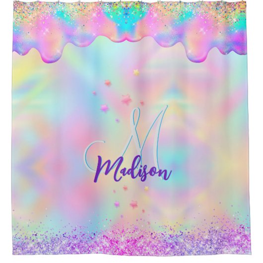 Chic holografisches Einhorn-Tropf-Glitzer-Monogram Duschvorhang (Vorderseite)