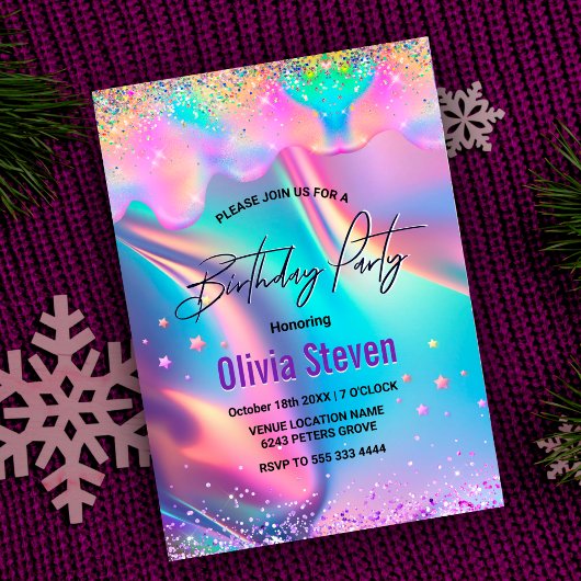 Chic holografisches Einhorn-Tropf-Glitzer-Monogram Einladung