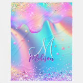 Chic holografisches Einhorn-Tropf-Glitzer-Monogram Fleecedecke (Vorderseite)
