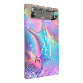 Chic holografisches Einhorn-Tropf-Glitzer-Monogram Mini Klemmbrett (Schrägansicht)