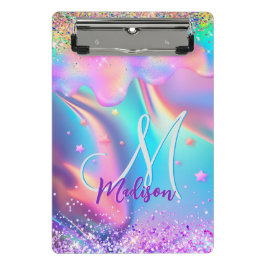Chic holografisches Einhorn-Tropf-Glitzer-Monogram Mini Klemmbrett