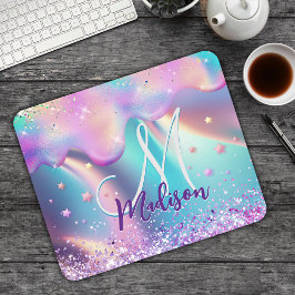 Chic holografisches Einhorn-Tropf-Glitzer-Monogram Mousepad