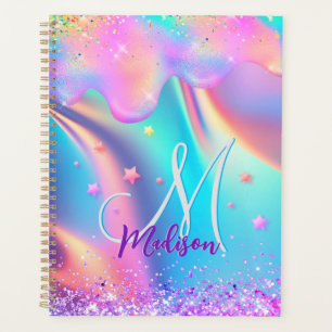 Chic holografisches Einhorn-Tropf-Glitzer-Monogram Planer