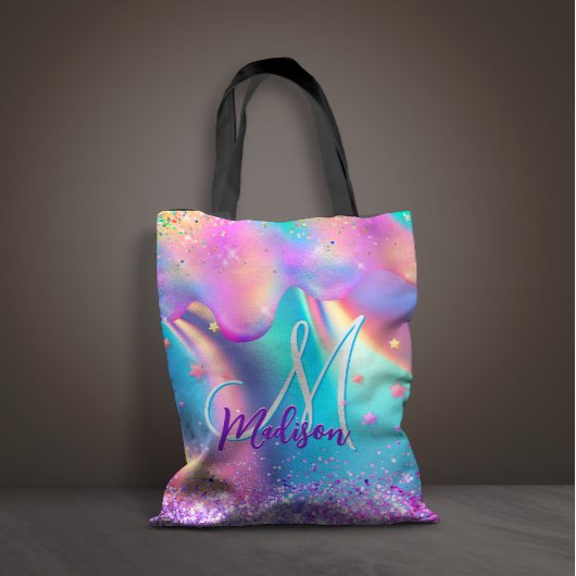 Chic holografisches Einhorn-Tropf-Glitzer-Monogram Tasche
