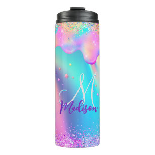 Chic holografisches Einhorn-Tropf-Glitzer-Monogram Thermosbecher