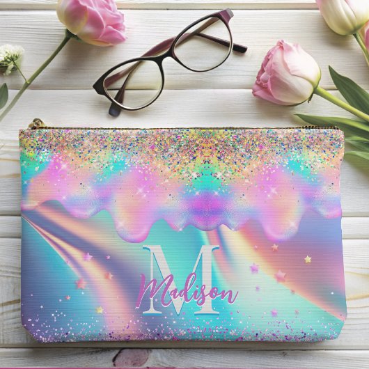 Chic holografisches Tropfen Glitzer Monogramm Zubehörtasche