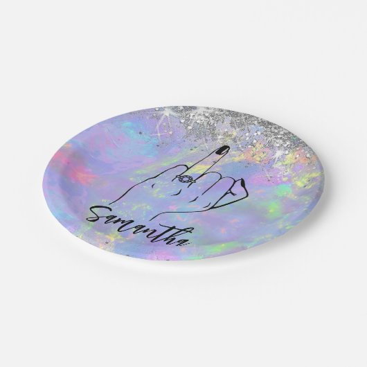 Chic Holographic Junggeselinnen-Abschied | BRAUTPA Pappteller (Schrägansicht)