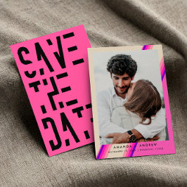 Chic Hot Pink 70er Retro Typografie Streifen Hochz Save The Date
