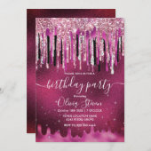 Chic hot pink black black drippings Glitzer monogr Einladung (Vorne/Hinten)