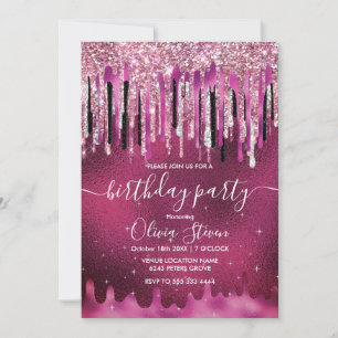 Chic hot pink black black drippings Glitzer monogr Einladung