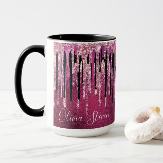 Chic hot pink black black drippings Glitzer monogr Tasse (Mit Donut)