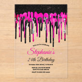 Chic Hot Pink Black Glitzer Tropfen Geburtstag Acryleinladungen (Vorderseite)