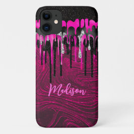 Chic hot pink Black Glitzer Tropfen Monogramm Case-Mate iPhone Hülle