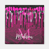 Chic hot pink Black Glitzer Tropfen Monogramm Magnet (Vorne)