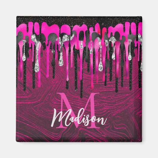 Chic hot pink Black Glitzer Tropfen Monogramm Magnet (Vorne)