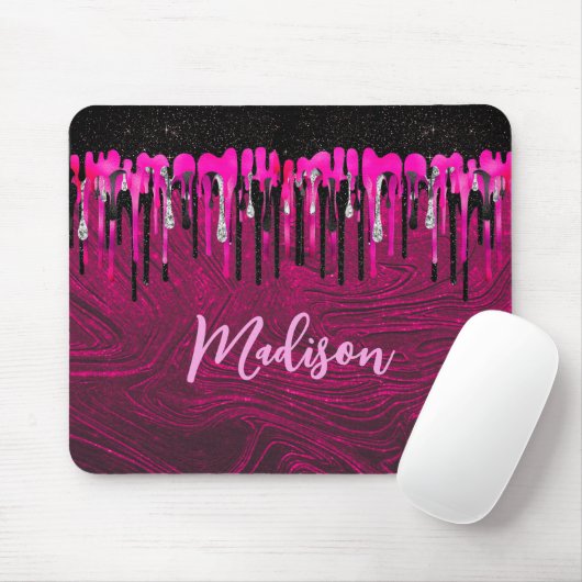 Chic hot pink Black Glitzer Tropfen Monogramm Mousepad (Mit Mouse)