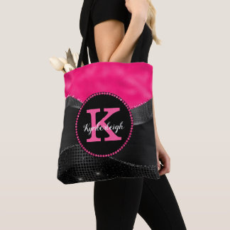 Chic Hot Pink Black Gray Waves Glam Monogram Name Tasche