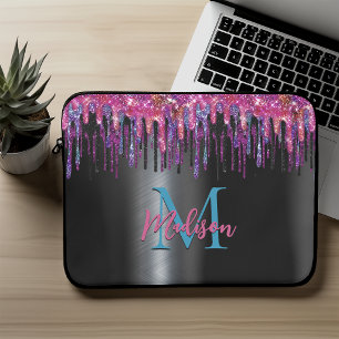 Chic hot pink blau schwarzer Glitzer tropfen Monog Laptopschutzhülle