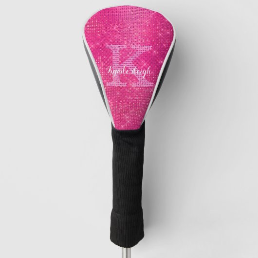 Chic Hot Pink Glam Diamond Sparkon Monogram Name Golf Headcover (Vorderseite)