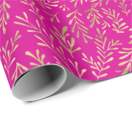 Chic Hot Pink Gold Foliage Muster  Geschenkpapier