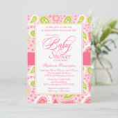 Chic hot pink green paisley Babydusche Einladung (Stehend Vorderseite)