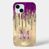 Chic hot pink lila Glitzer Gold Tropfen Monogramm Case-Mate iPhone Hülle (Rückseite)