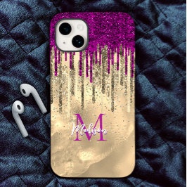 Chic hot pink lila Glitzer Gold Tropfen Monogramm Case-Mate iPhone Hülle