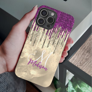 Chic hot pink lila Glitzer Gold Tropfen Monogramm iPhone 16 Pro Hülle