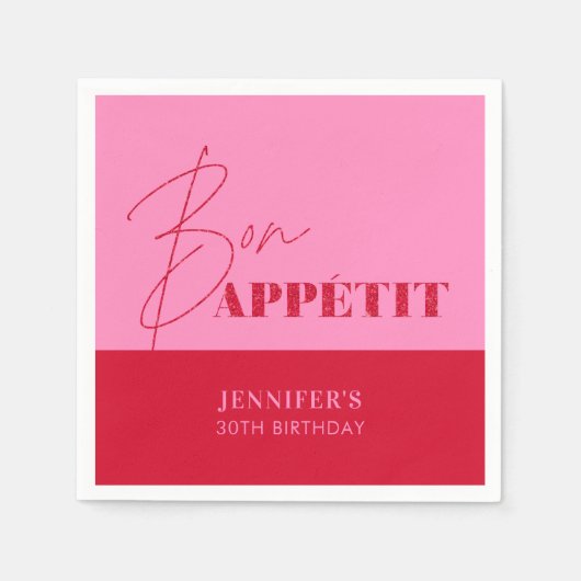 Chic Hot Pink Red Bon Appétit Script Geburtstag Serviette (Vorderseite)