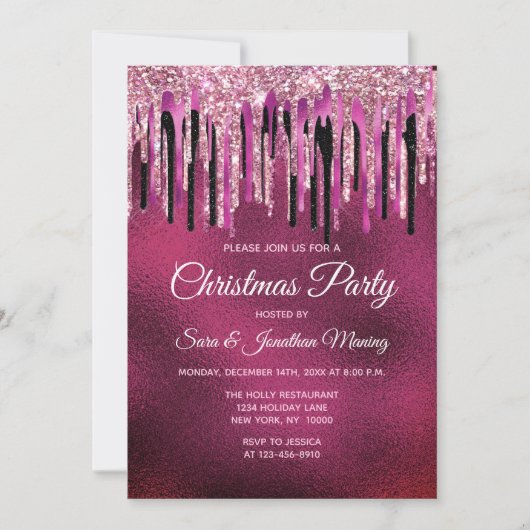 Chic hot pink schwarz drippings Glitzer Weihnachte Einladung (Vorderseite)