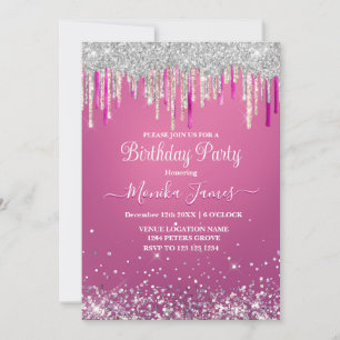 Chic Hot Pink Silber-Tropf Glitter Monogramm Einladung
