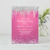 Chic Hot Pink Silver Dripps Glitzer Monogram Einladung (Stehend Vorderseite)