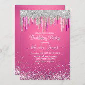 Chic Hot Pink Silver Dripps Glitzer Monogram Einladung (Vorne/Hinten)