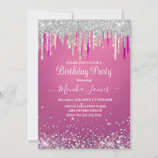 Chic Hot Pink Silver Dripps Glitzer Monogram Einladung