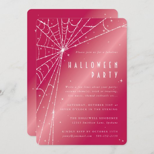 Chic Hot Pink Sparkling Spider Web-Halloween-Party Einladung (Vorne/Hinten)
